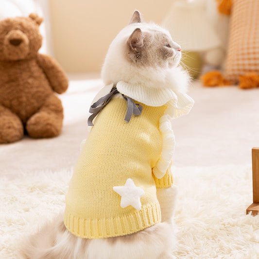 Cute Cat Sweater Outfit | Warm Knit Pet Clothes with Bow & Star | Soft Winter Cat Clothing for Cats & Small Dogs | HipiDogs
