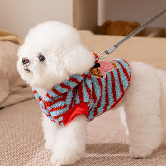 Thick Hooded Dog Sweater for Small Dogs – Plush Striped Winter Puppy Coat, Warm Fleece Pet Outfit