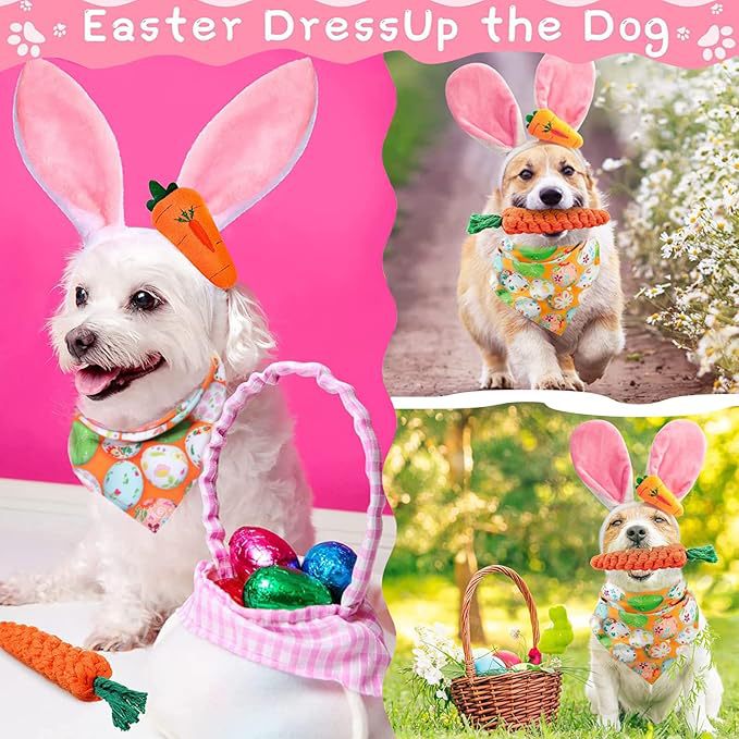 Easter Bunny Dog Costume Set | Rabbit Ear Headband, Egg Bandana & Carrot Toy | Cute Easter Pet Outfit | HipiDogs