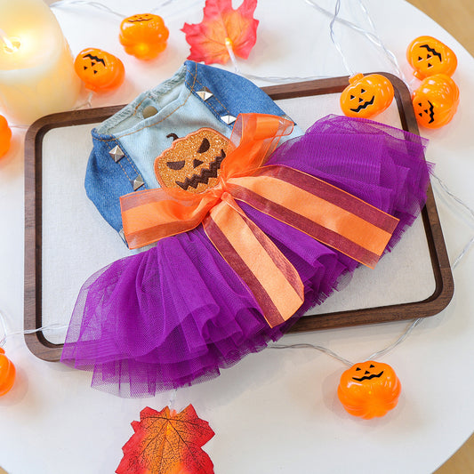 Halloween Pumpkin Tutu Dog Dress – Purple Tulle Pet Costume with Denim Bodice