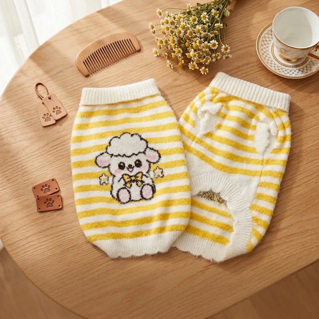 Cute Striped Pet Sweater – Soft Knit Sleeveless Dog & Cat Jumper with Cartoon Bear or Lamb Design