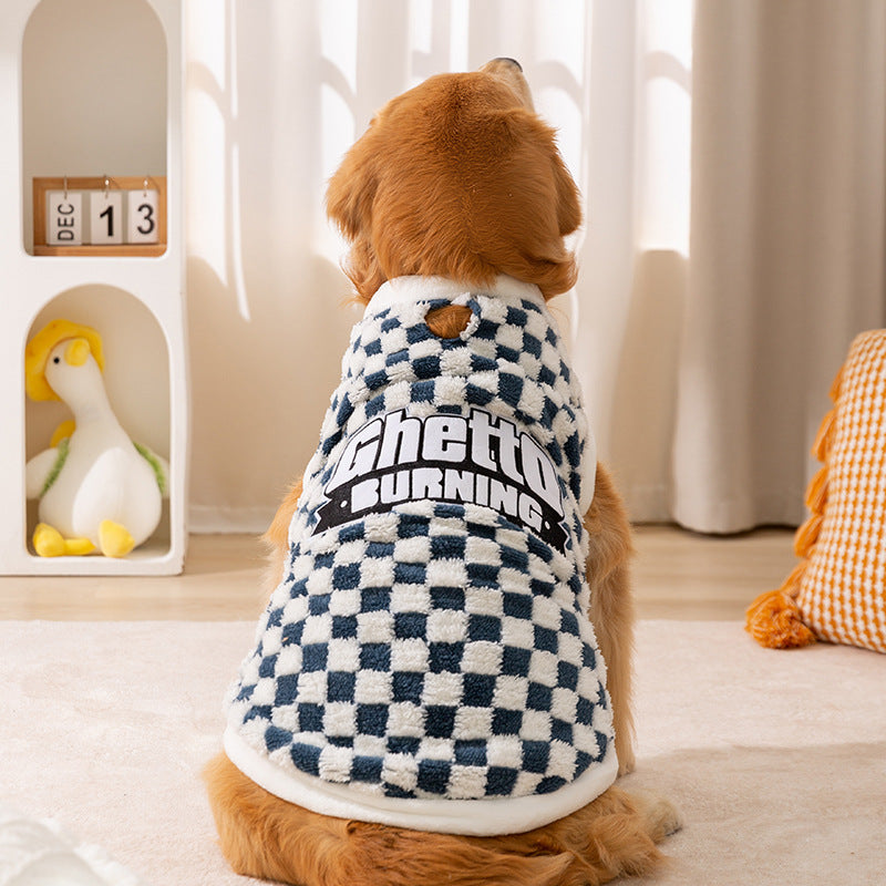 Checkered Fleece Dog Hoodie for Large Dogs Warm Cozy Puppy Jacket 3XL–8XL