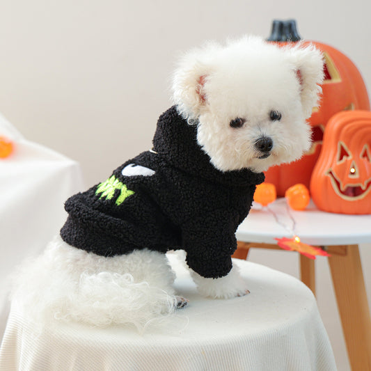Spooky Halloween Sherpa Pet Hoodie – Black Fleece Costume for Small Dogs & Cats