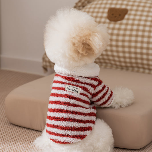 Warm Striped Fleece Dog Sweater Coat – Soft Winter Pet Jacket for Small Dogs, Cozy Plush Puppy Clothing