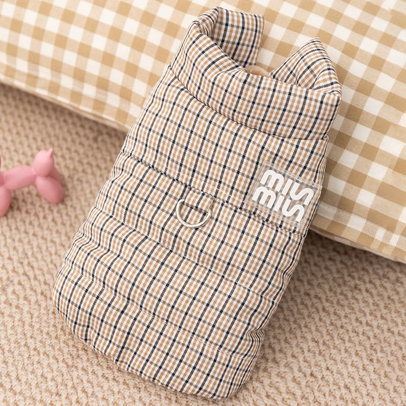 Plaid Padded Dog Dress with Harness Ring – Warm Winter Coat for Small Dogs, Cute Ruffle Puppy Jacket