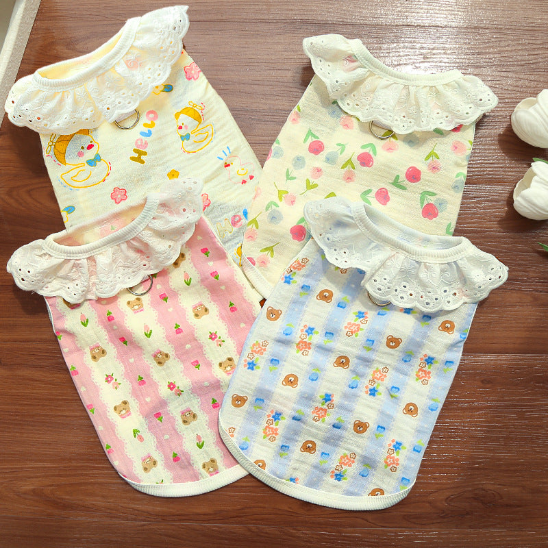 Bear Print Pet Shirt – Cute Lace Collar Summer Fit