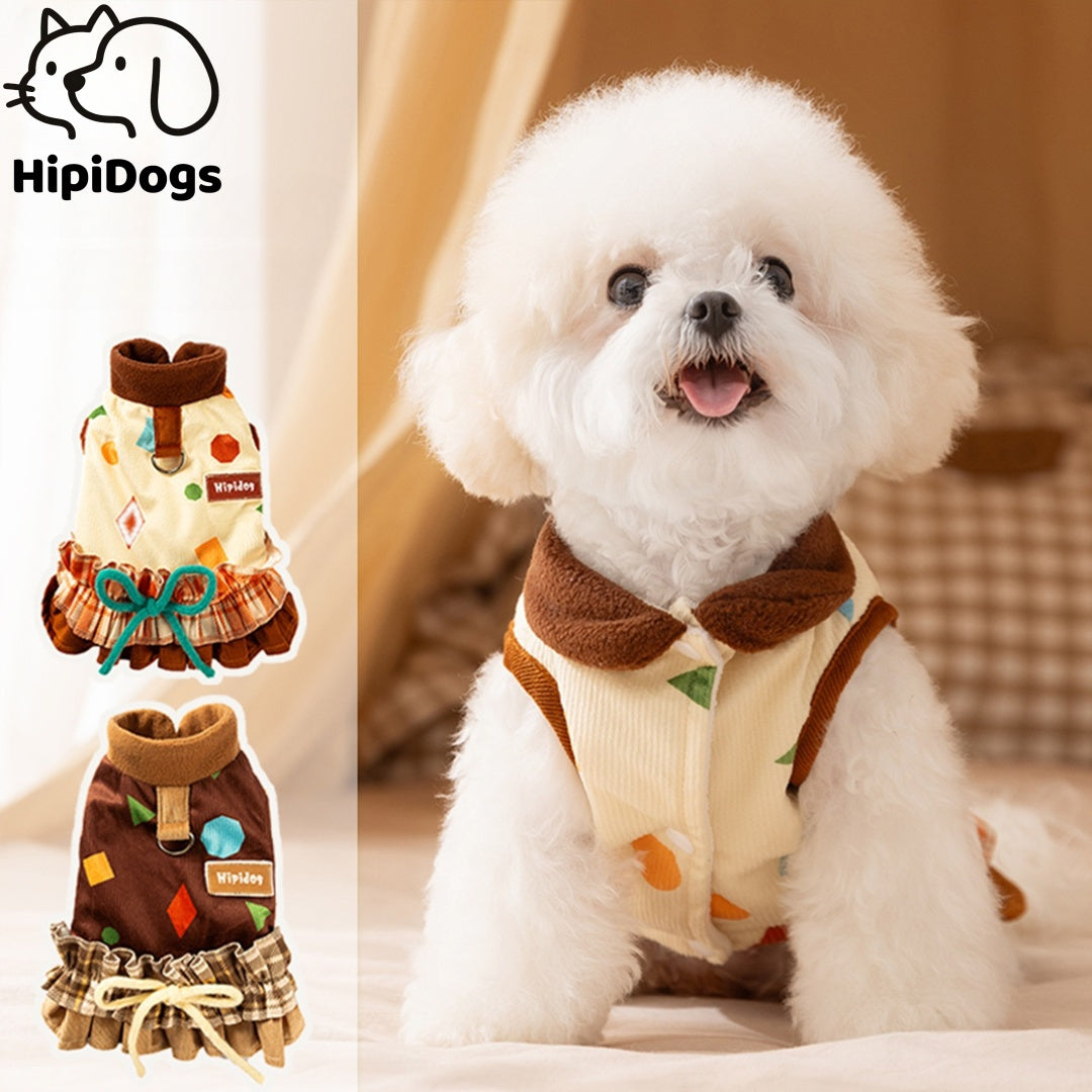 Cute Pattern Vest Dress with Harness for Small Dogs