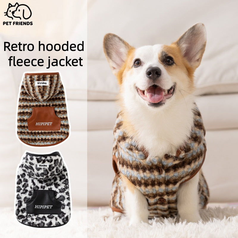Retro Hooded Fleece Dog Jacket for Large Dogs Soft Warm Puppy Coat s-xxl
