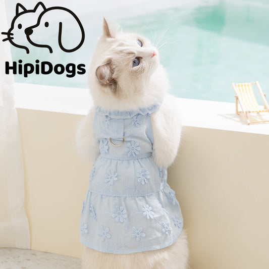 Cute Cat Harness Dress – Floral Adjustable Outfit with Leash Ring