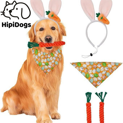 Easter Bunny Dog Costume Set | Rabbit Ear Headband, Egg Bandana & Carrot Toy | Cute Easter Pet Outfit | HipiDogs