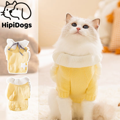 Cute Cat Sweater Outfit | Warm Knit Pet Clothes with Bow & Star | Soft Winter Cat Clothing for Cats & Small Dogs | HipiDogs