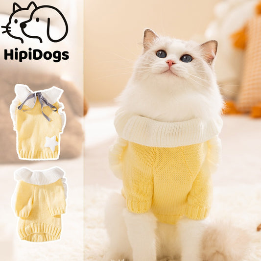 Cute Cat Sweater Outfit | Warm Knit Pet Clothes with Bow & Star | Soft Winter Cat Clothing for Cats & Small Dogs | HipiDogs