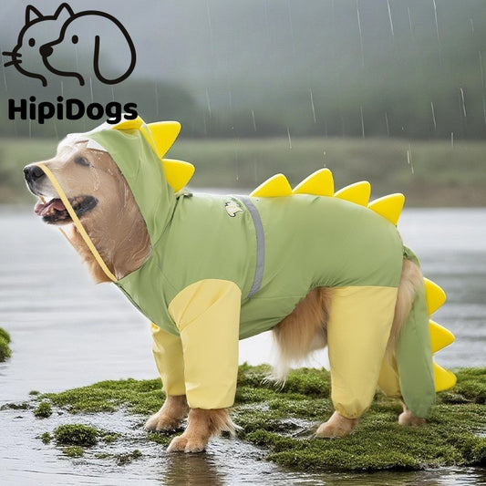 Dinosaur Waterproof Dog Raincoat | Full Body Pet Rain Suit with Transparent Hood | Reflective Dog Rain Jacket for Medium & Large Dogs | HipiDogs