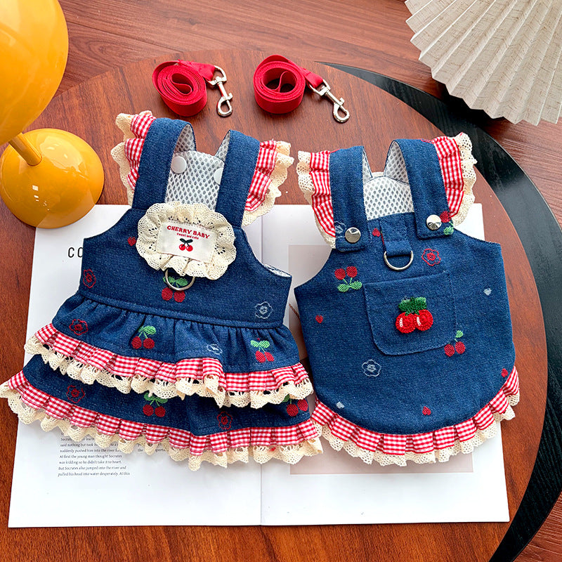 Cherry Denim Pet Harness Dress – Cute Lace Princess Style