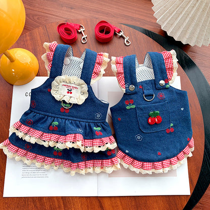 Cherry Denim Pet Harness Dress – Cute Lace Princess Style