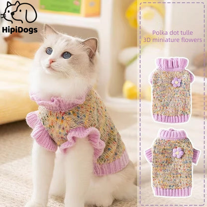 Polka Dot Tulle 3D Miniature Flowers Sweater for Cats