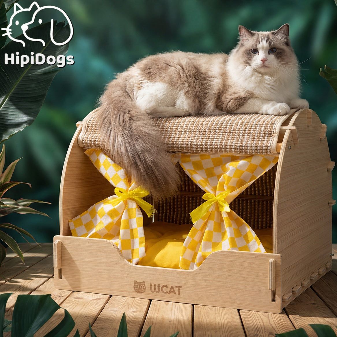 Wooden Cat House with Scratching Roof & Cushioned Bed – Indoor Cat Condo with Privacy Curtains