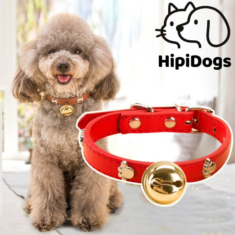 Leather Pet Collar with Bell | Adjustable Cat & Small Dog Collar with Paw Studs | Cute Pet Collar | HipiDogs
