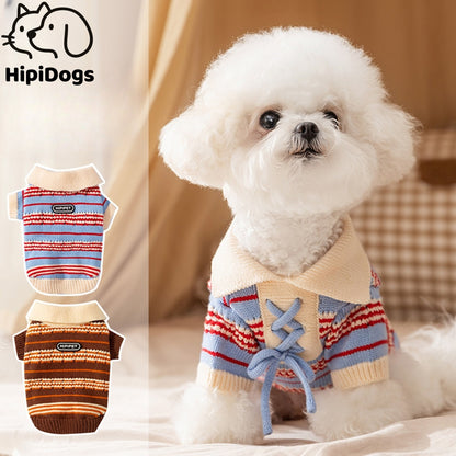 Retro Collared Tie-Up Knit Sweater for Small Dogs