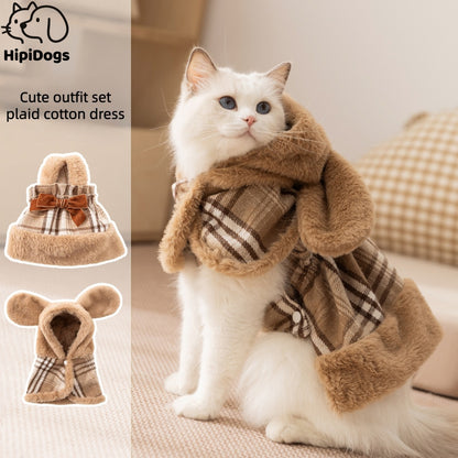 Plaid Cotton Dress with Cute Bunny Ears for Cats | Cozy Winter Pet Outfit