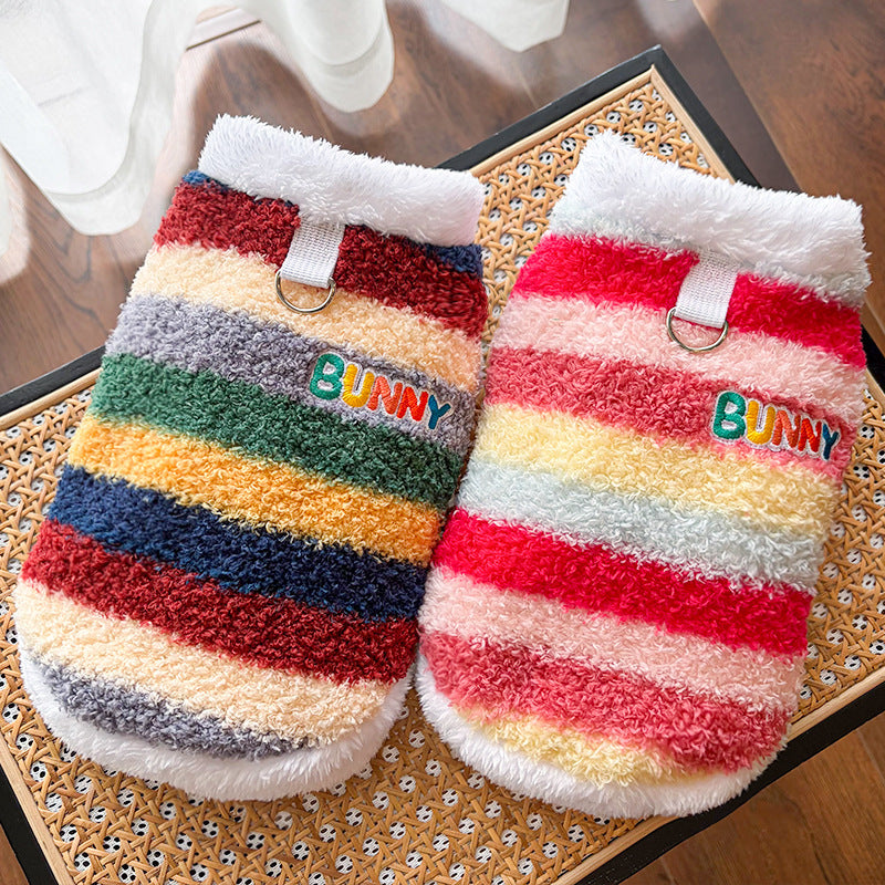 Warm Plush Striped Dog Hoodie – Soft Winter Pet Sweater with Hood for Small Dogs