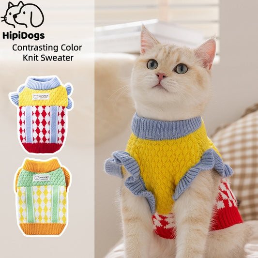 Contrasting Color Knit Sweater for Cats Soft Cozy Pet Jumper XS–XL