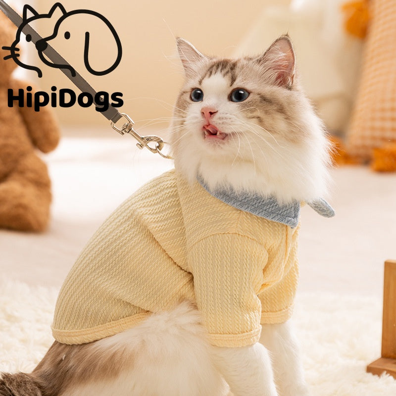 Stylish Yellow Cat Sweater | Soft & Comfortable Cat Shirt with Blue Collar | Hipidogs Pet Clothing