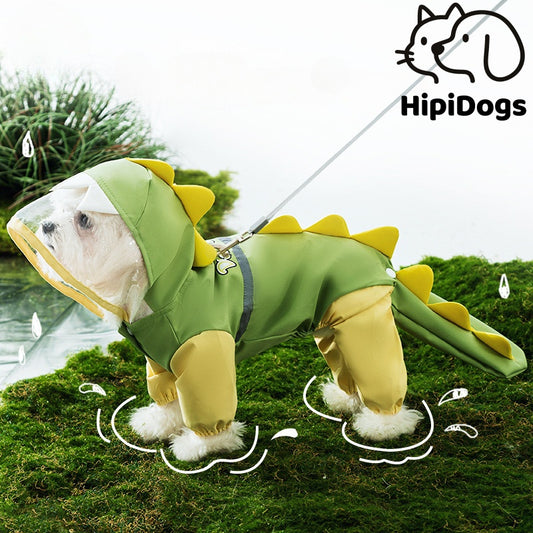 Dinosaur Dog Raincoat with Hood | Waterproof Pet Rain Suit with Reflective Strap for Small Dogs | HipiDogs