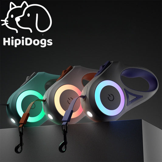 LED Retractable Dog Leash | USB Rechargeable Pet Leash with RGB Light Ring | Automatic Extendable Leash for Small & Medium Dogs | HipiDogs