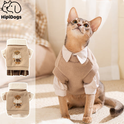 Teddy Bear Embroidered Cat Sweater | Ribbed Dress for Cats