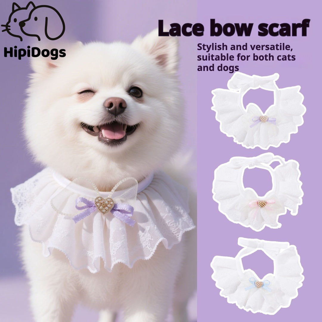 Cute Lace Pet Bib for Dogs & Cats – Adjustable Drool Scarf, Stylish Bow Tie Collar for Small Pets