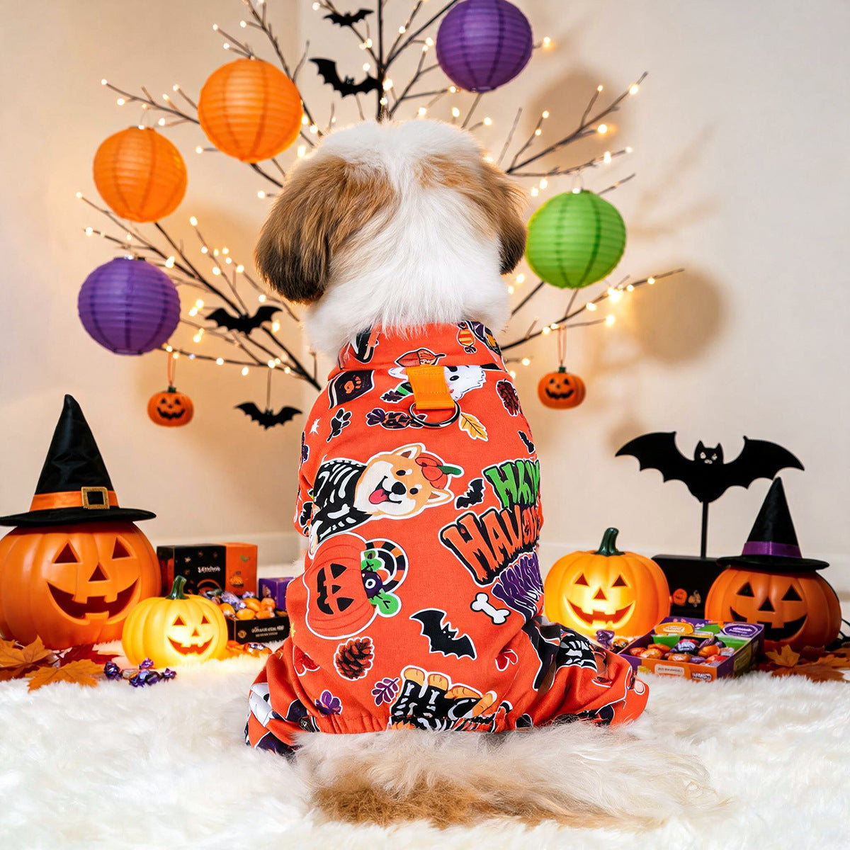 Halloween Dog Pajamas – Pumpkin Ghost Print Pet Jumpsuit for Small Dogs & Cats