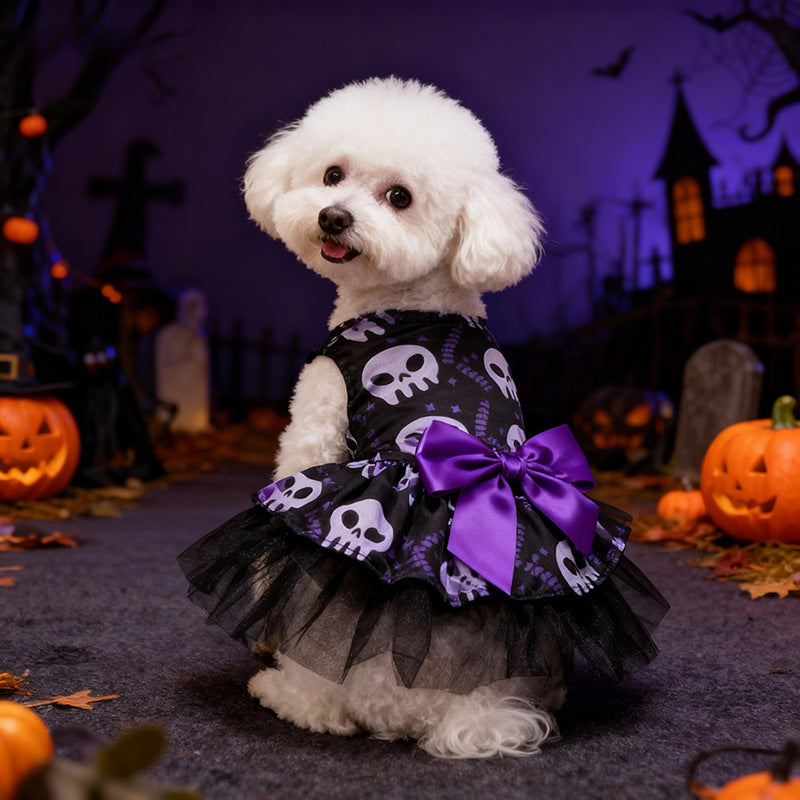 Halloween Dog Dress – Skull & Pumpkin Print Pet Costume with Bow and Tulle Skirt