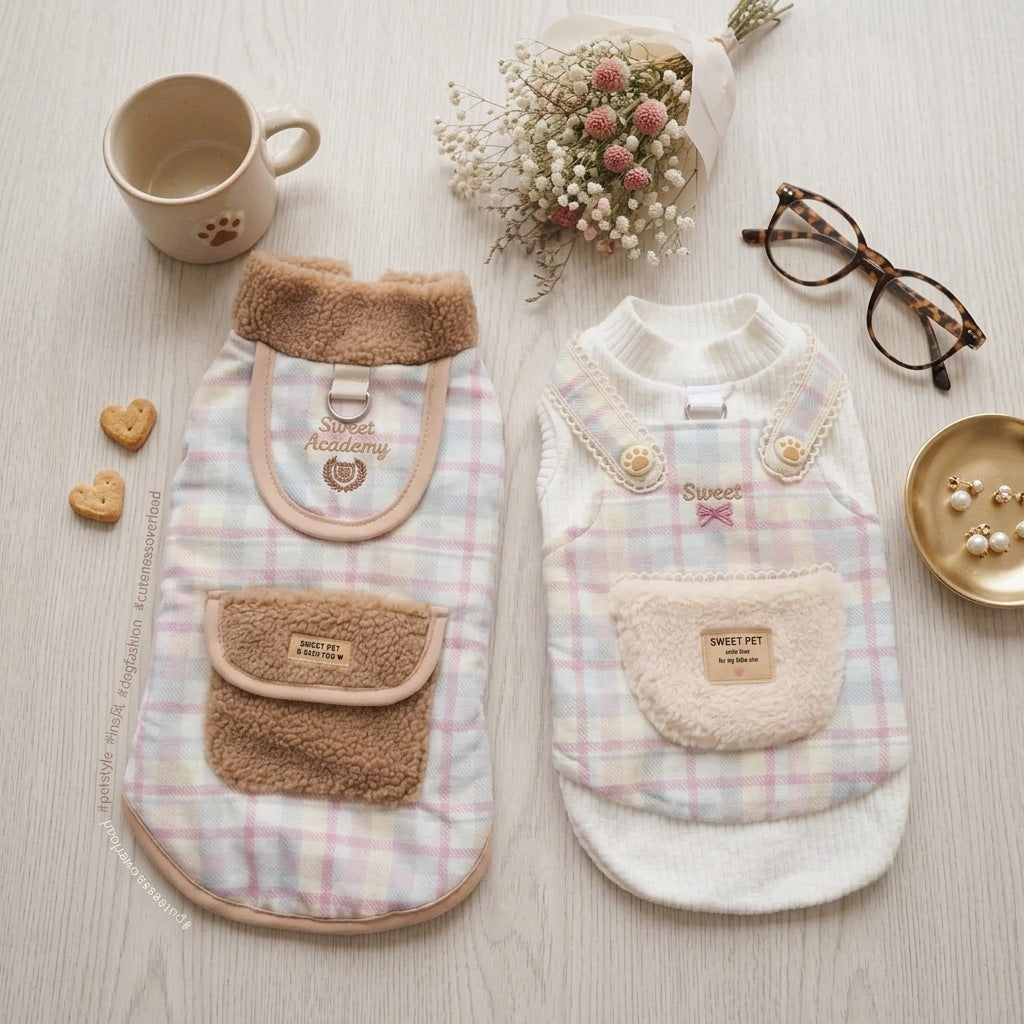 Plaid Fleece Dog Vest – Cozy Winter Pet Jacket with Sherpa Collar & Pocket Detail