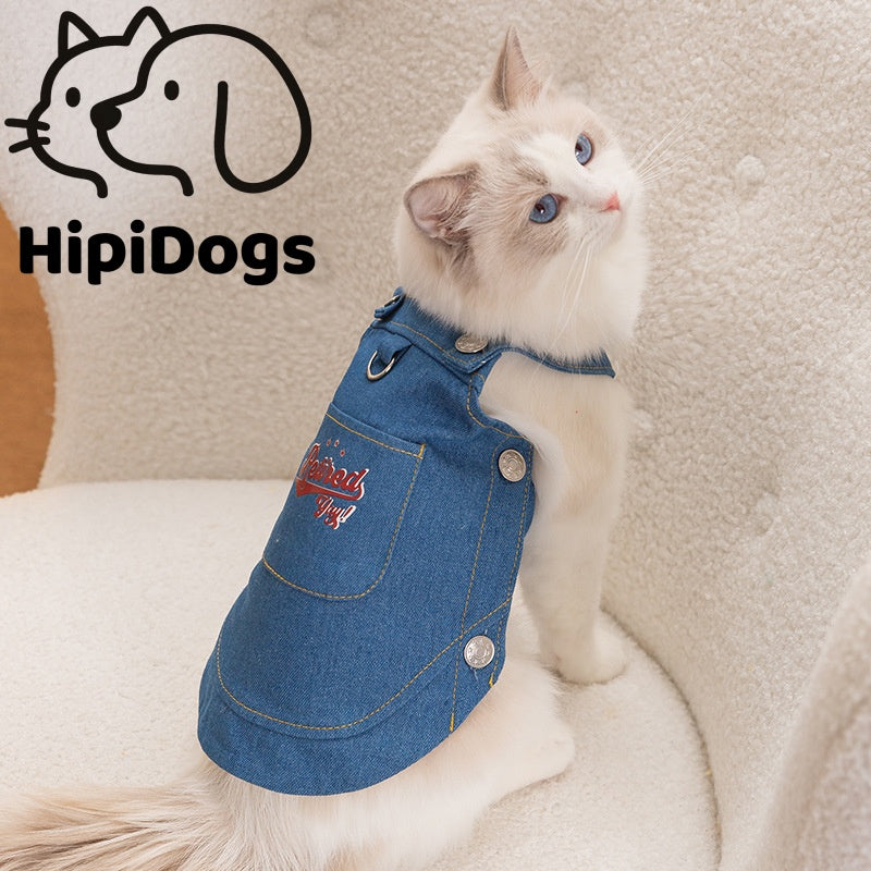 Denim Cat Harness Vest – Adjustable Cat Walking Harness with Leash Ring for Indoor & Outdoor Cats