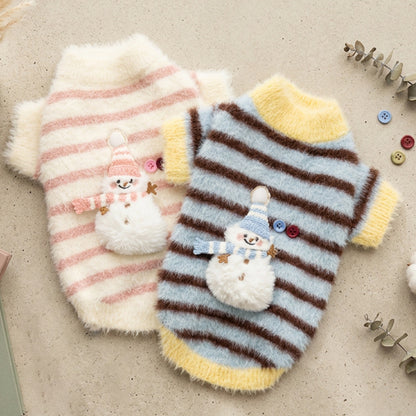 Soft Striped Knitted Dog Sweater – Cozy Winter Pullover with Cute Snowman Design