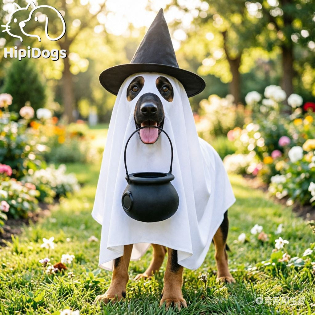Halloween Ghost Dog Costume with Witch Hat – White Sheet Pet Costume