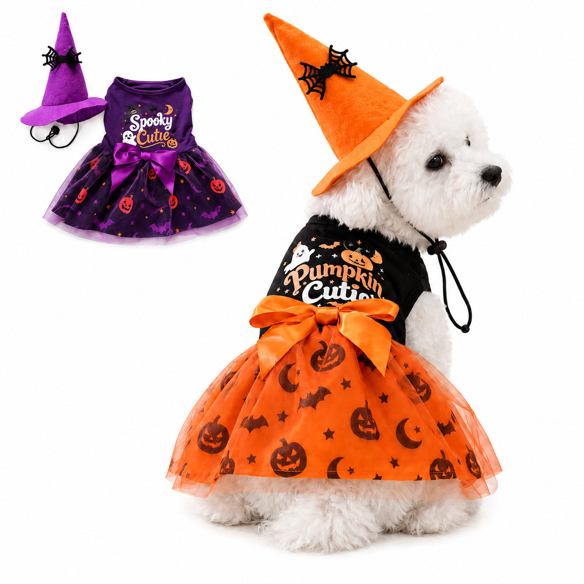 Halloween Witch Dog Dress with Hat – Pumpkin Tutu Costume for Small Dogs & Cats