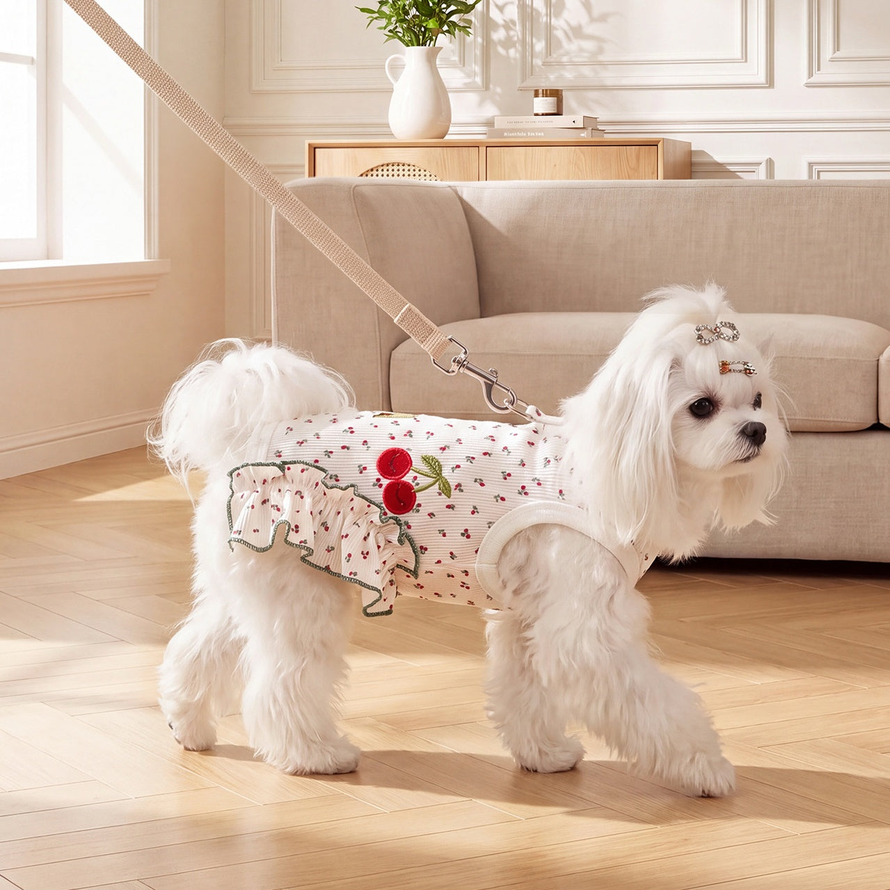 Cherry Ruffle Dog Harness Vest – Cute Printed Walking Harness with Leash Attachment