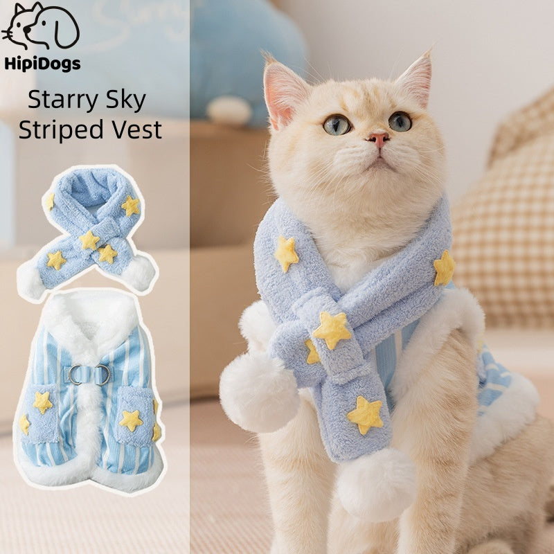 Starry Sky Striped Vest for Cats – Cozy & Stylish with Stars & Pom Poms