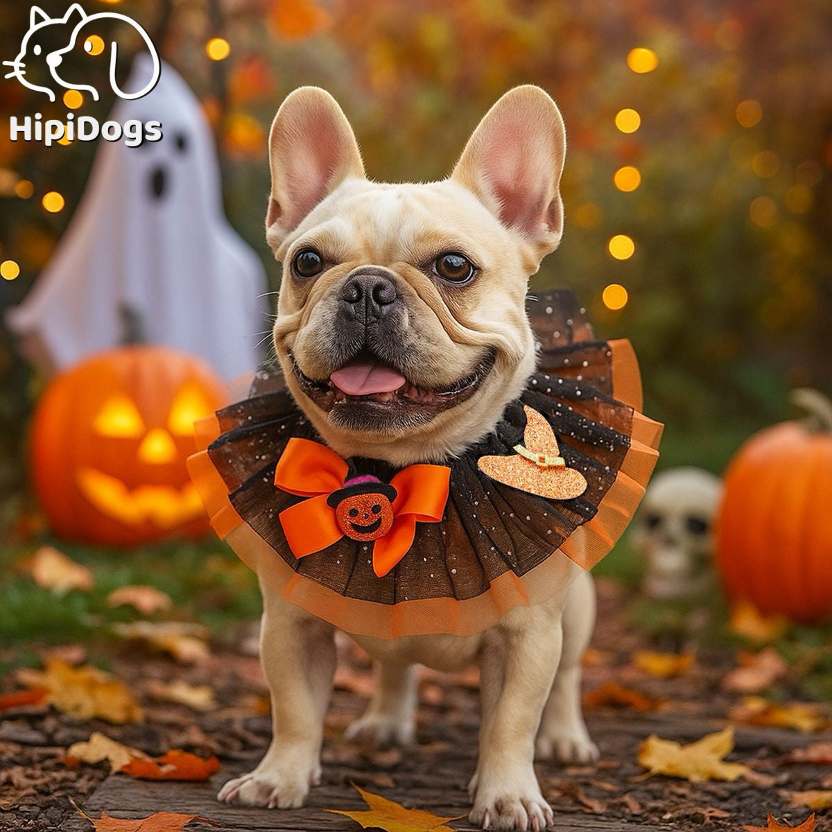 Halloween Dog Collar Costume – Tulle Ruffle Pet Neckwear with Pumpkin, Ghost & Skull Decor