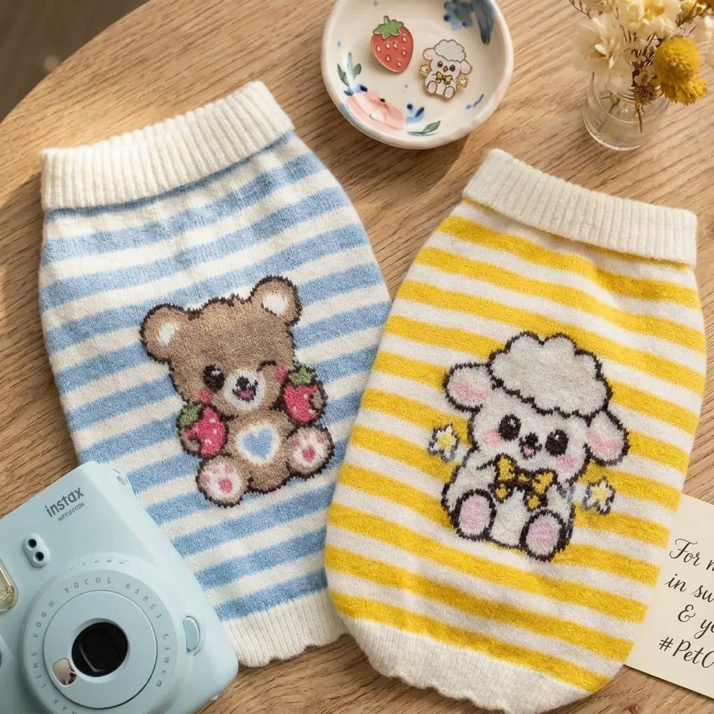Cute Striped Pet Sweater – Soft Knit Sleeveless Dog & Cat Jumper with Cartoon Bear or Lamb Design