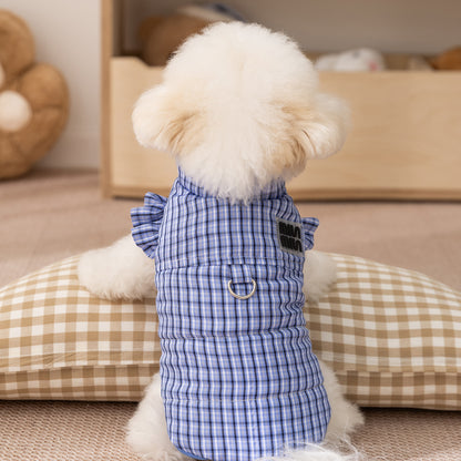 Plaid Padded Dog Dress with Harness Ring – Warm Winter Coat for Small Dogs, Cute Ruffle Puppy Jacket