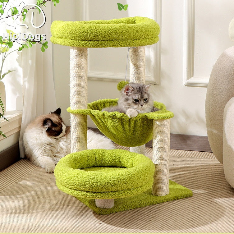 Green Multi-Level Cat Tree – Plush Cat Tower with Scratching Posts, Hammock Bed & Resting Platforms
