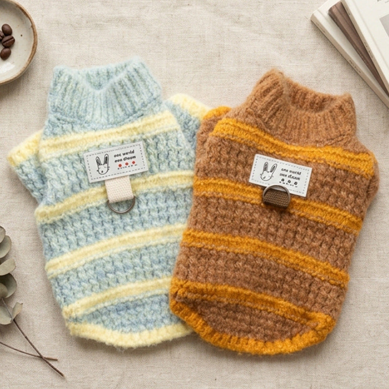 Cozy Striped Knit Dog Sweater – Soft Turtleneck Puppy Pullover with Leash Ring Detail