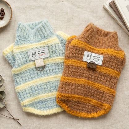 Cozy Striped Knit Dog Sweater – Soft Turtleneck Puppy Pullover with Leash Ring Detail
