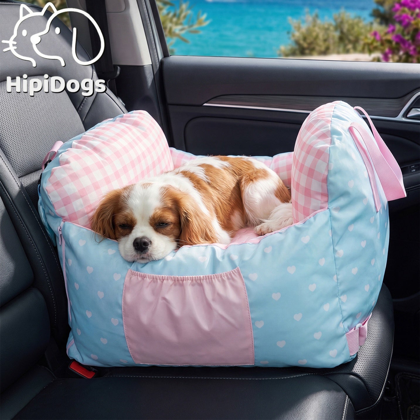 Portable Dog Car Seat Bed with Padded Sides & Storage Pocket