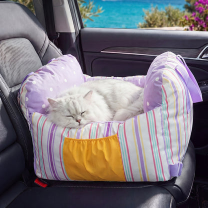 Portable Pet Car Seat Bed with Safety Strap & Storage Pocket