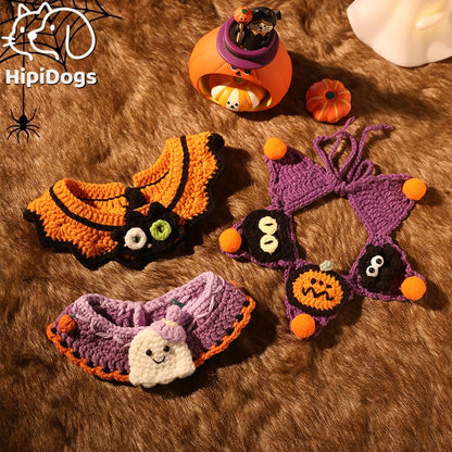 Crochet Halloween Pet Collar – Handmade Ghost Pumpkin Cat & Dog Costume Neckwear