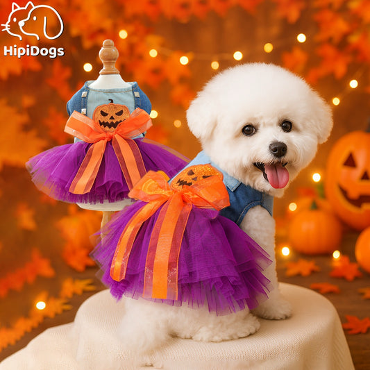 Halloween Pumpkin Tutu Dog Dress – Purple Tulle Pet Costume with Denim Bodice